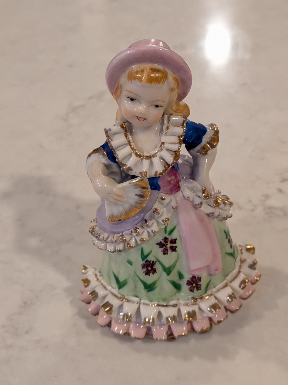 Hand-Painted Porcelain Figurine Front Japan Victorian Girl Holding A Fan V.1950s